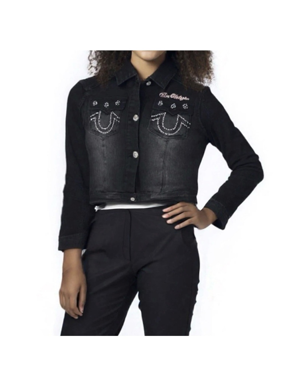 True Religion Black Cropped Denim Jacket with Embellished Pockets